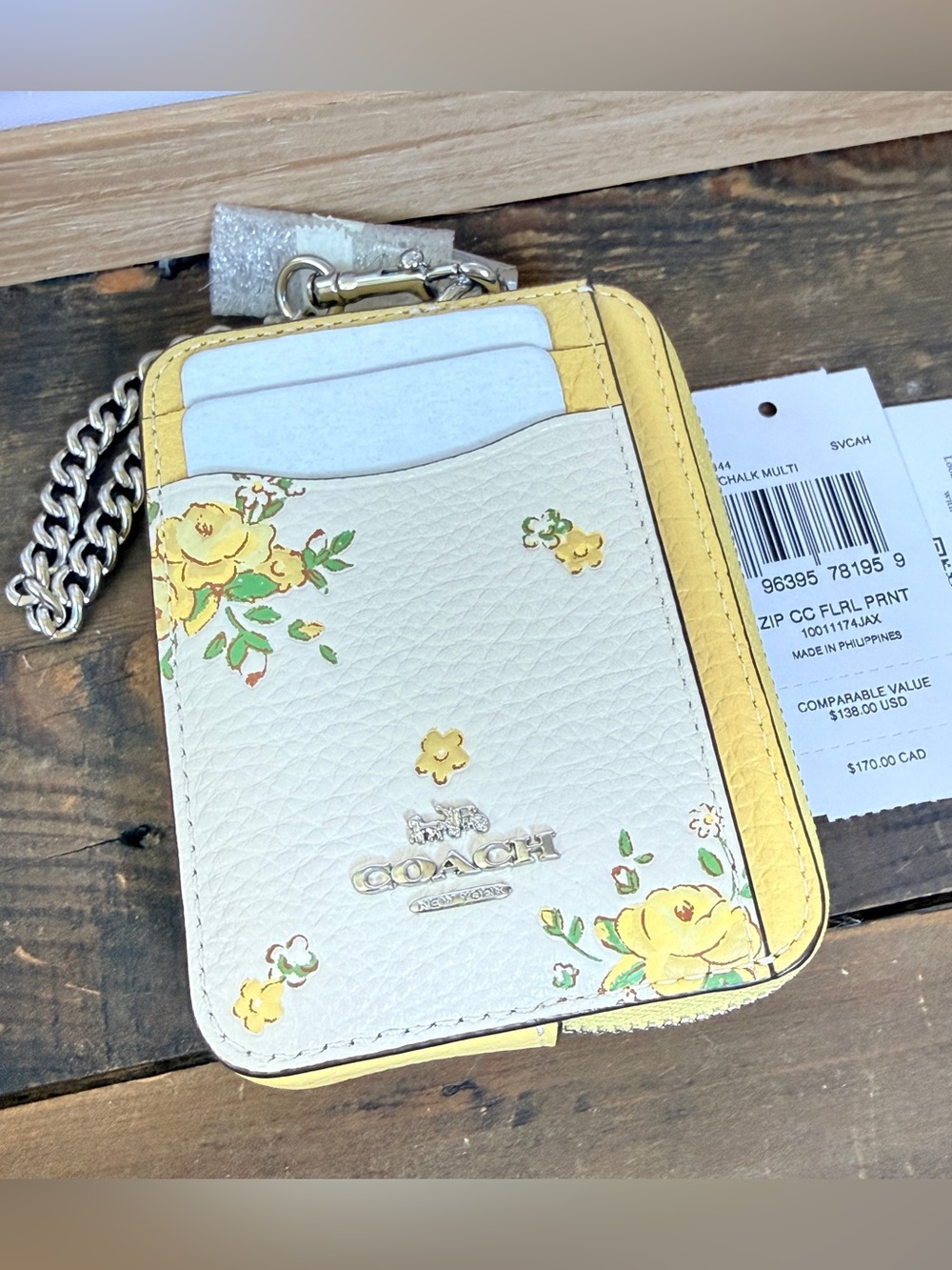 NWT Coach Zip Card Case Holder w/ Chain Ideal 4 Everyday Use CAU44 Yellow Floral